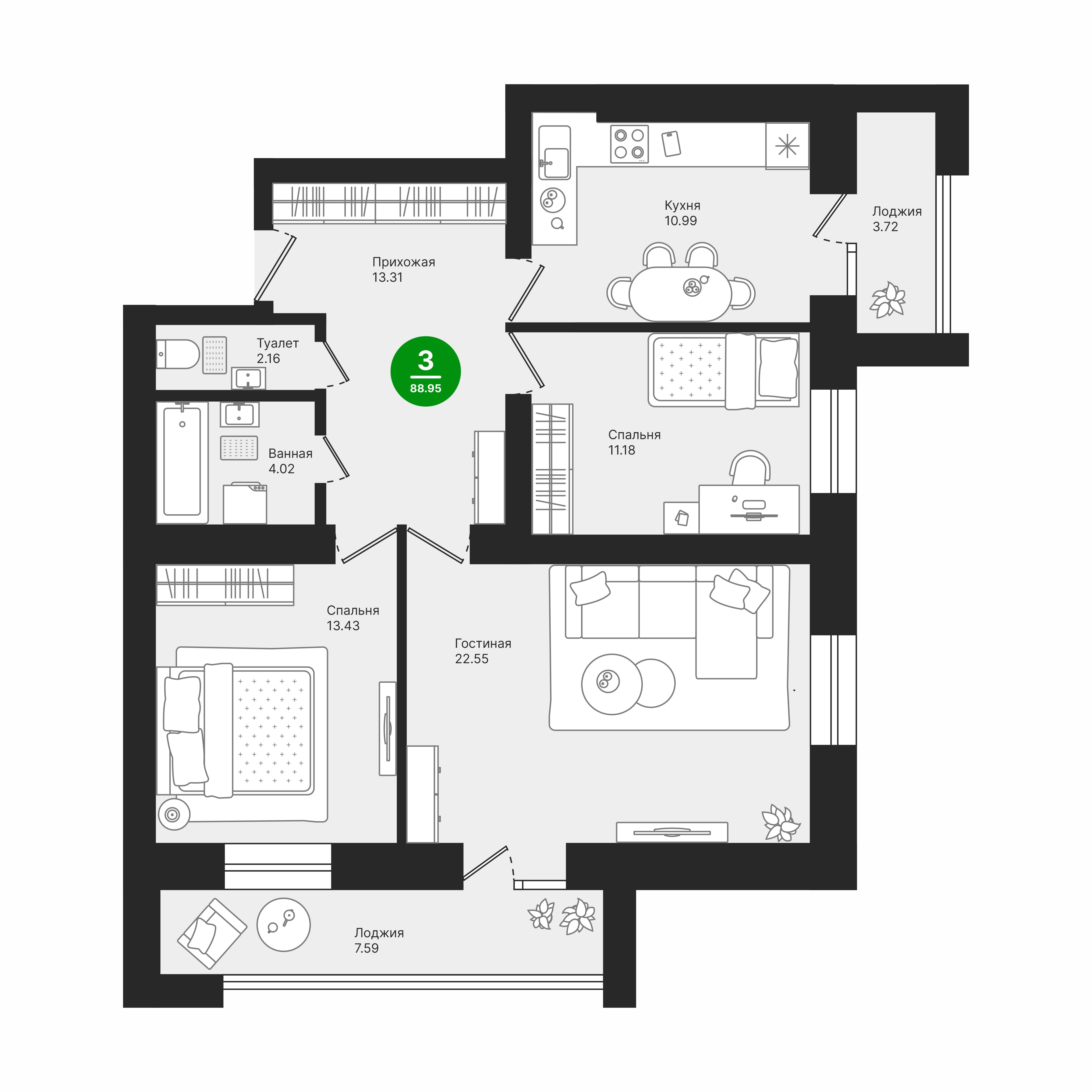 Планировка 3-комн. 3