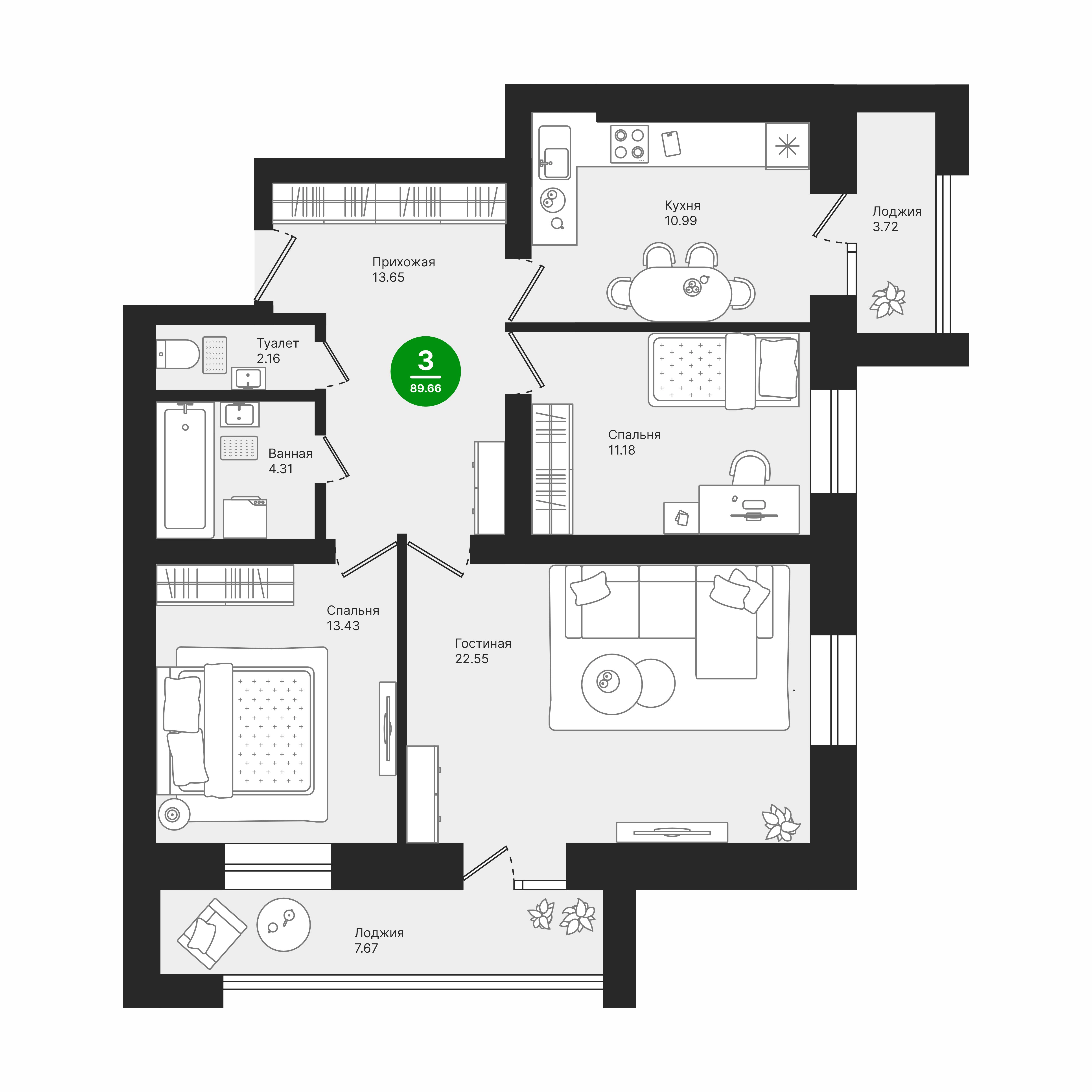 Планировка 3-комн. 3